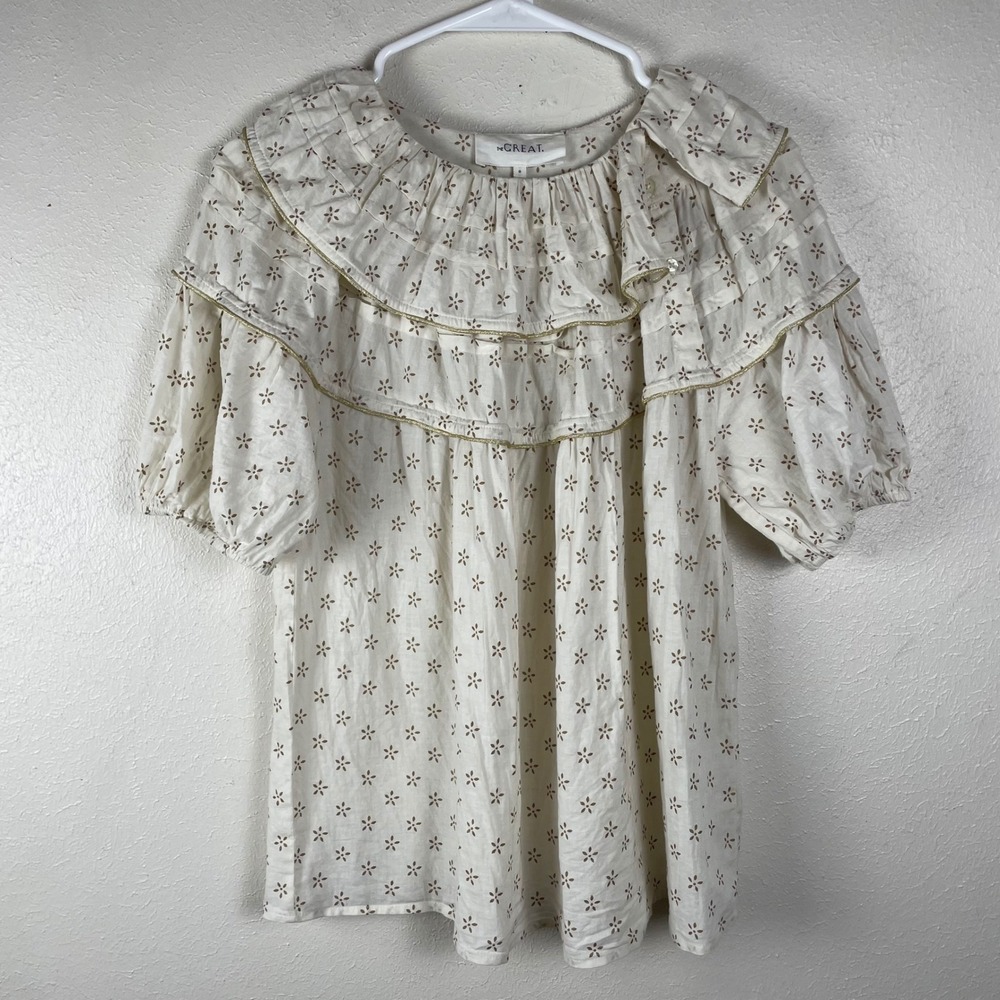 THE GREAT. Cream Eyelet Ruffle Yoke Puff Sleeve Blouse